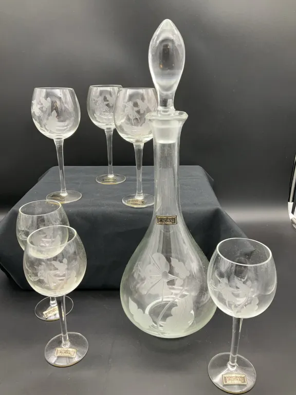 Vintage Hand Blown, Hand Cut Decanter & 6 Wine Glasses