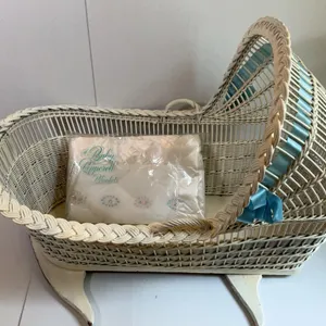 White  Wicker Baby Basinet, Hand Woven Design & Baby Pepperell Blanket in Original Package
