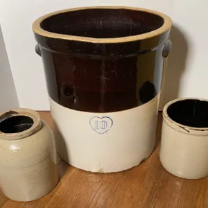 Vintage 10 Gallon Stoneware Crock with Lug Handles, Antique Salt Glaze Crock & Small Kitchen Crock