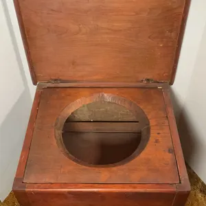 Antique Wooden Commode Chair with Hinged Lift- Top to House a Ceramic Chamber Pot