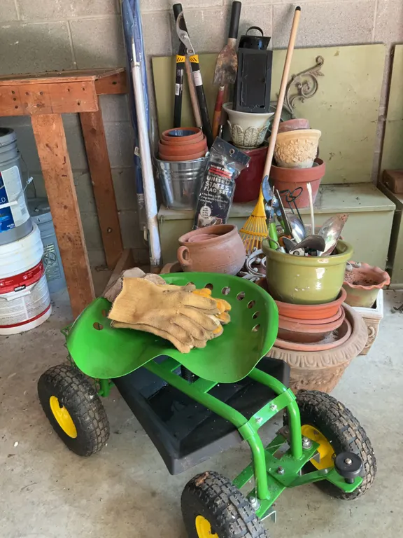 Hand Garden Tools, Rolling Garden Work Seat, Loppers, Pots, Gloves, Us Flag & Sun Umbrellas