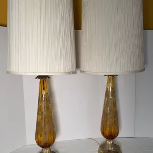 Pair of Vintage Amber Glass Floral Table Lamps, Hollywood Regency Style