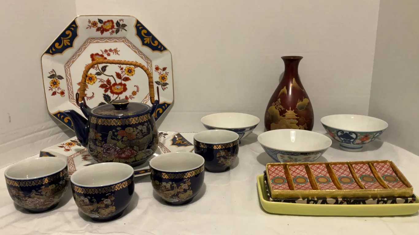 Vintage Asian Serve-Ware Including an Antique Vase Made in Occupied Japan