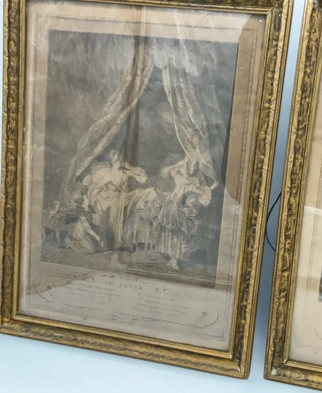 2 Antique French Etchings of “Le Lever” Awakening and “Le Coucher” Retiring for the Evening