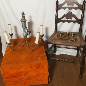 Vintage Colonial-Style Ladder Back Chair, Vintage Brass Chandelier, Foot Stool & Candle Holders