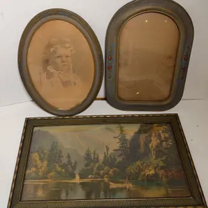 Vintage Framed Child Portrait, Convex Bubble Glass Frame & Landscape Print