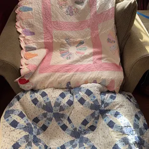 Large Hand Stitched  Multicolored Quilt & Blue Floral Bedspread