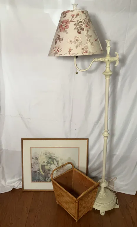 Vintage Swing Arm Floor Lamp with Floral Shade, Framed Print, Vintage Cane & Bamboo Magazine Holder