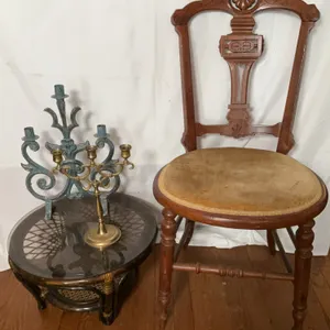 Vintage Palecek Rattan Accent Table, Victorian Carved Mahogany Side Chair, Brass 3-Arm Candelabras