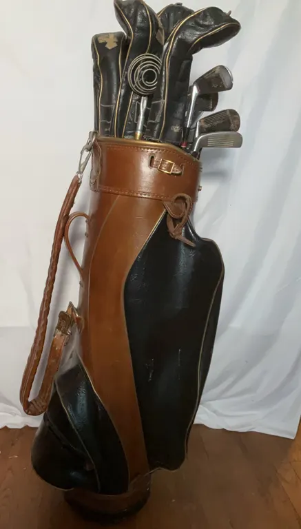 Vintage Two-Tone Leather Golf Bag with Wood & Iron Clubs
