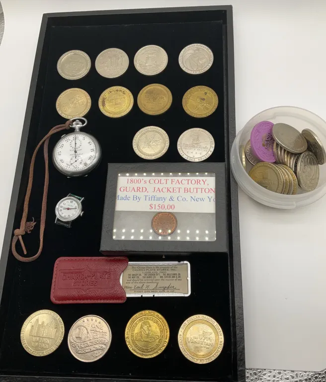 Vintage Stop Watch, Kelton Watch, Colt Factory Button, Vintage Charge Card & Casino Gaming Chips