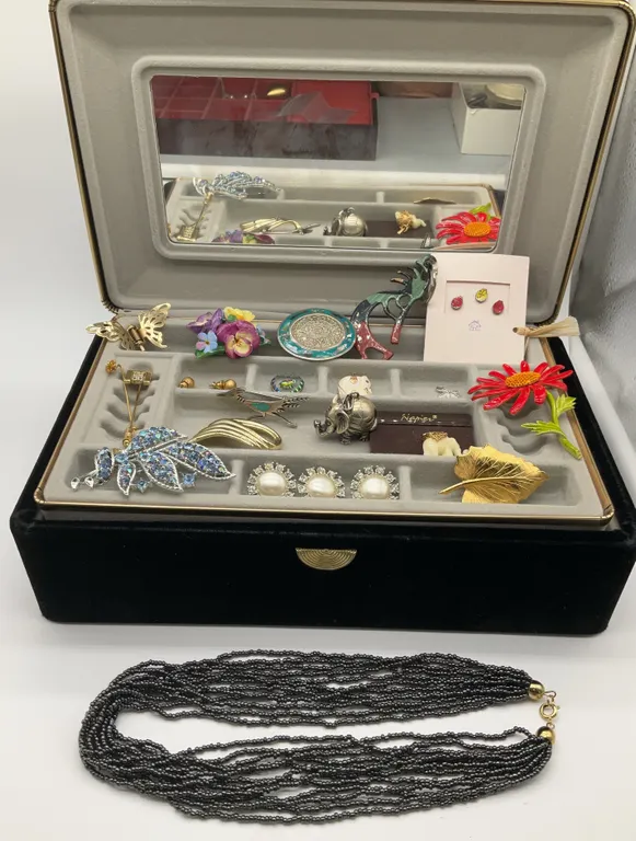 Black and Gold Velvet Jewelry Box with Pins, Charms, Seed Bead Necklace & More