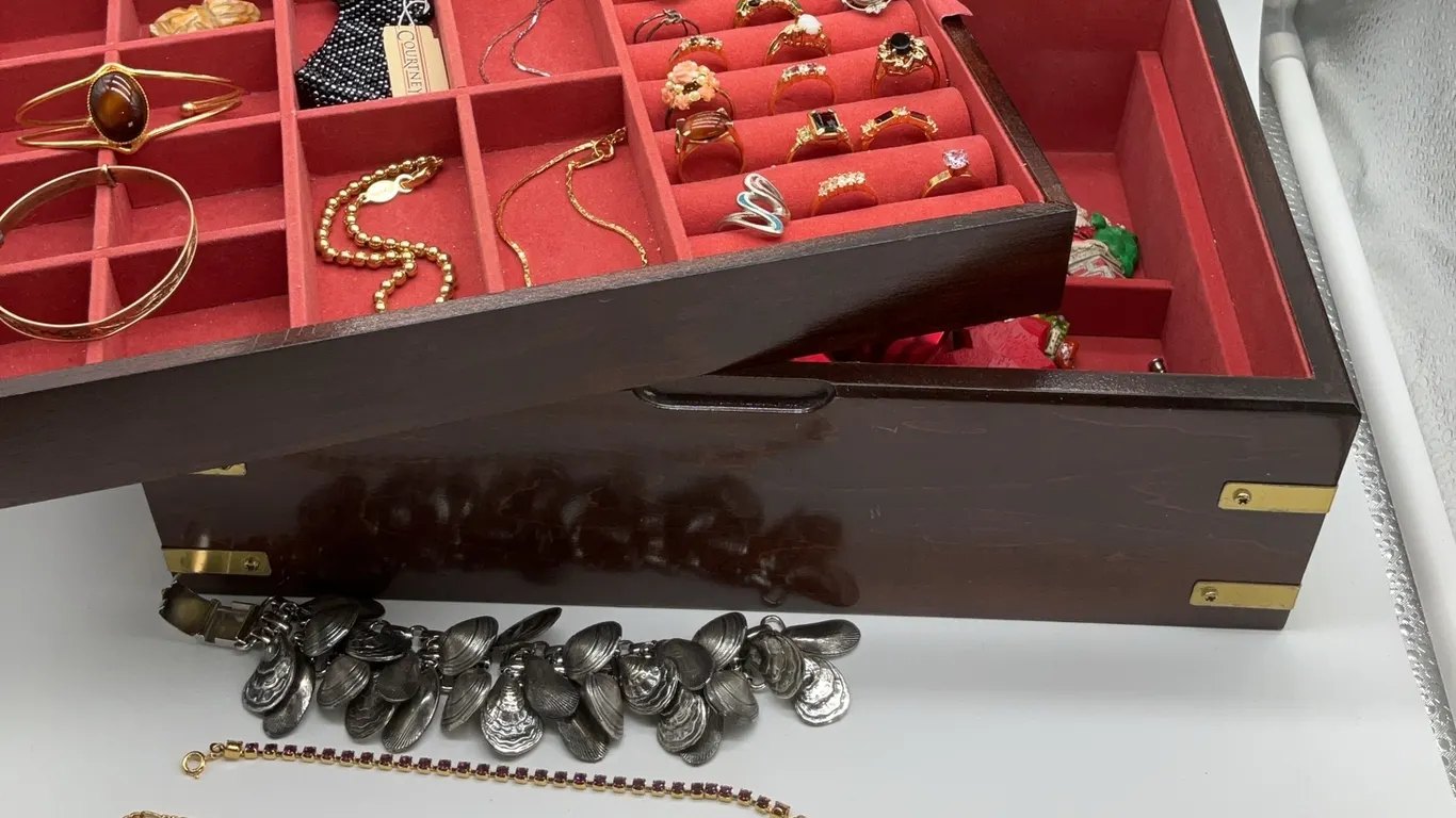 Wooden Jewelry Box with Fashion Rings, Bracelets and Holiday Jewelry
