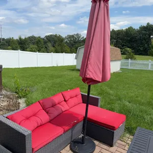 Outdoor Wicker Sectional with Red Cushions & Patio Umbrella