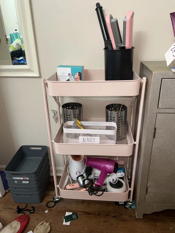 Pink Rolling Beauty Cart with Hair Styling Tools & Accessories