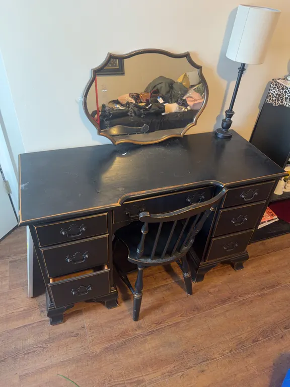 Black Vanity Desk with Mirror, Chair & Lamp