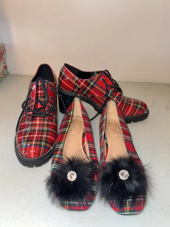 Jessica Simpson Resina Red Plaid Chunky Heel Oxfords & Flats