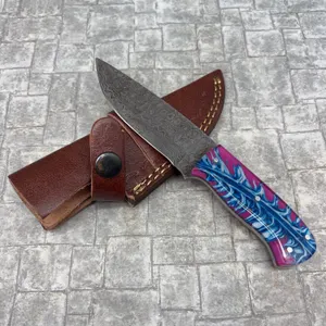 Handmade Damascus Steel Knife with Leather Sheath