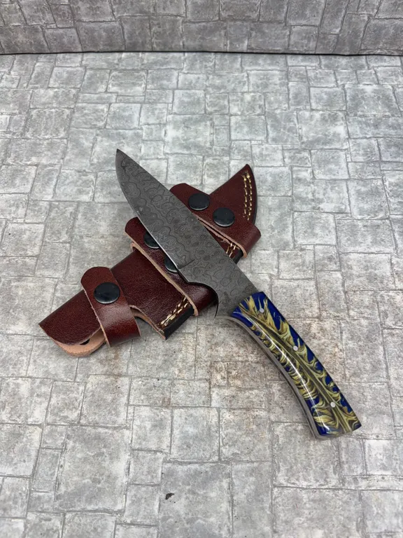 Handmade Damascus Steel Knife with Leather Sheath