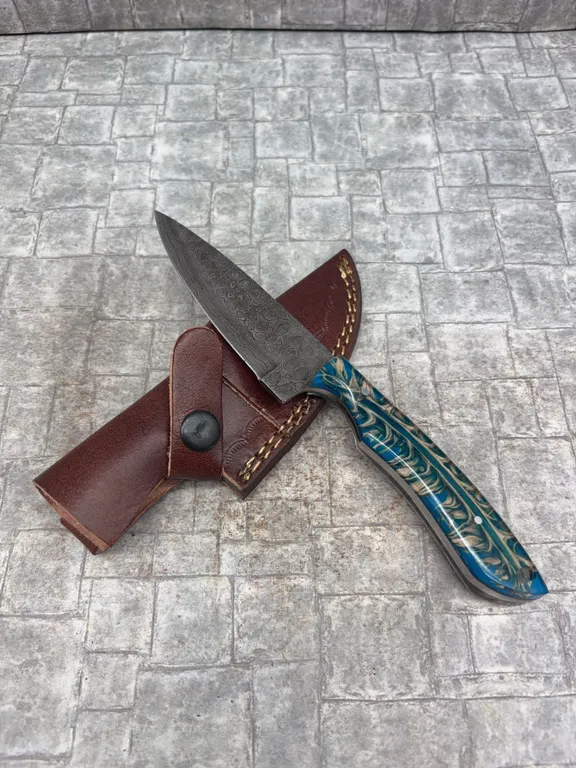Handmade Damascus Steel Knife with Leather Sheath