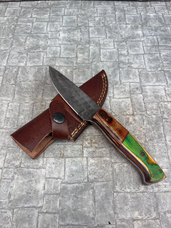 Handmade Damascus Steel Knife with Leather Sheath