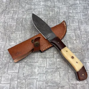 Handmade Damascus Steel Knife with Leather Sheath