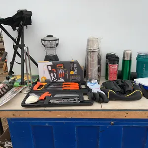Set of skinning knives, pair of binoculars, camping supplies etc