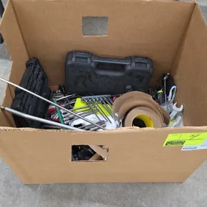 Assorted hand tools and shop supplies. Includes screwdrivers, open-end wrenches, extended socket bits, rubber mallet, flashlight, half-mask respirator