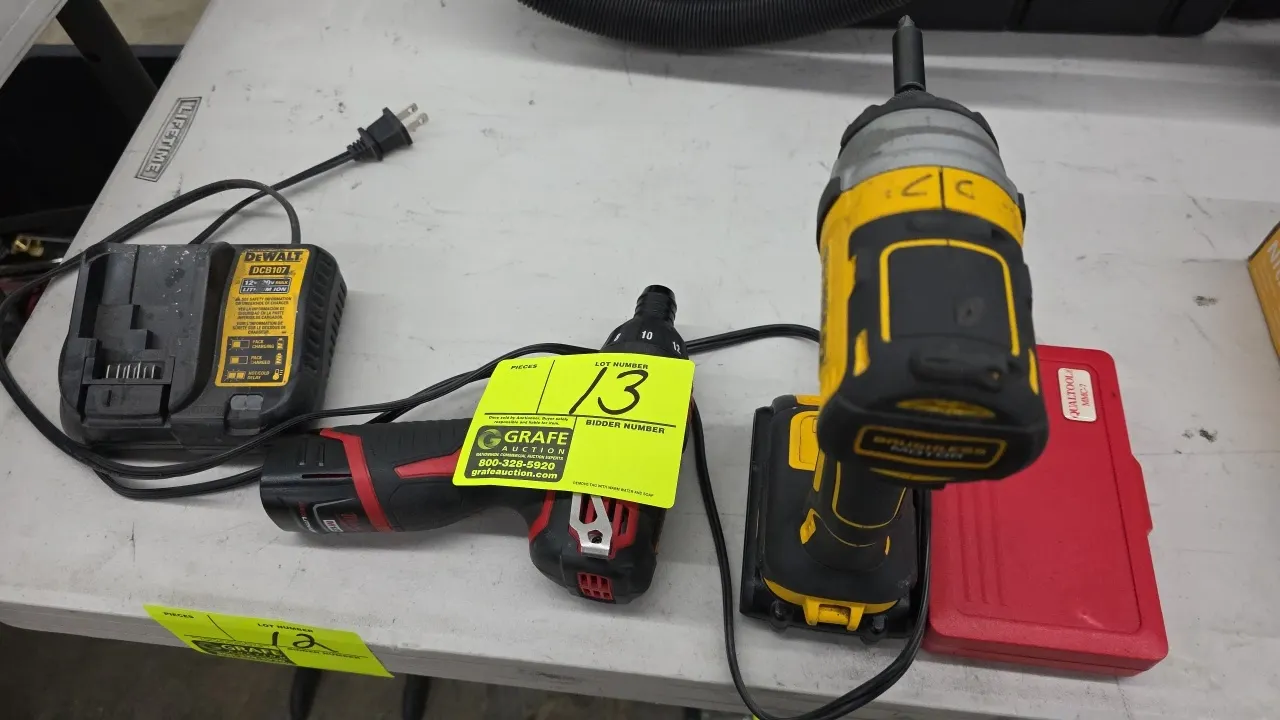 DeWalt and Milwaukee cordless driver package lot. Includes DeWalt DCF887 20V MAX XR brushless 1/4" impact driver with 20V lithium-ion battery, DeWalt