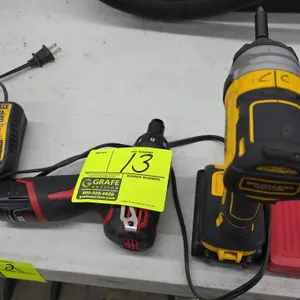 DeWalt and Milwaukee cordless driver package lot. Includes DeWalt DCF887 20V MAX XR brushless 1/4" impact driver with 20V lithium-ion battery, DeWalt 