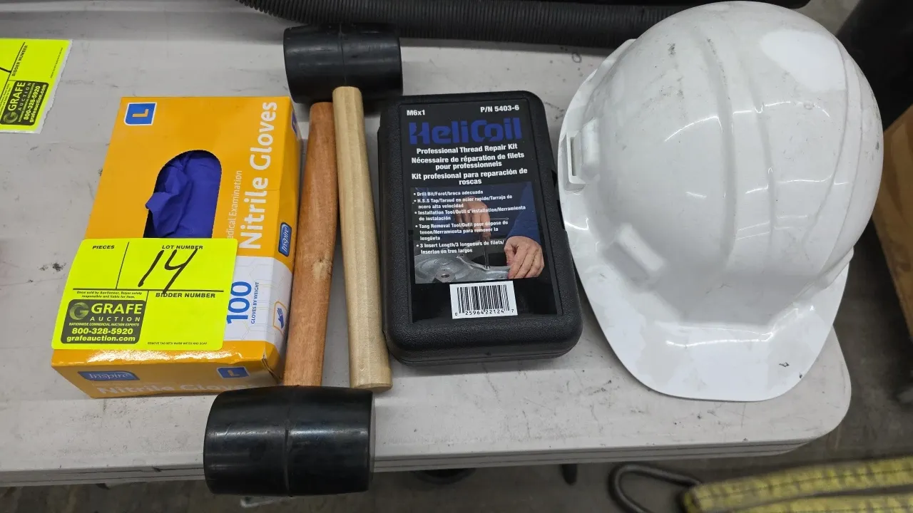 Safety equipment and shop tools lot. Includes a white hard hat, Heli-Coil 5403-6 M6x1 professional thread repair kit with storage case, (2) rubber mal