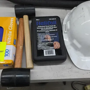 Safety equipment and shop tools lot. Includes a white hard hat, Heli-Coil 5403-6 M6x1 professional thread repair kit with storage case, (2) rubber mal