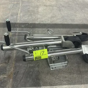 Sidewind swivel trailer jacks. Features side-wind crank handles, swivel mounting brackets with release pins, and caster wheels.