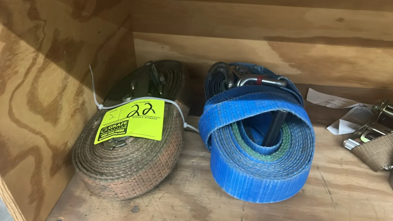 Winch straps. Features woven webbing construction with integrated steel hook hardware.