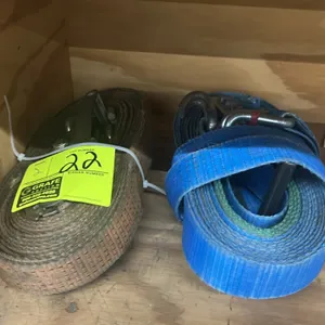 Winch straps. Features woven webbing construction with integrated steel hook hardware.