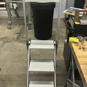 Little Giant 3-step folding step ladder. Features lightweight aluminum construction, wide slip-resistant platform treads, an integrated top safety bar