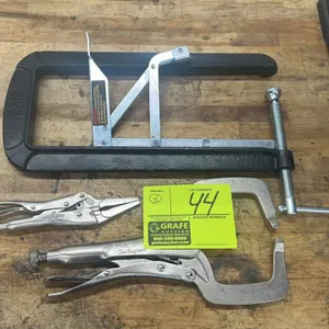 Assorted locking pliers and C-clamps. Includes a 12" deep-reach C-clamp with auxiliary vertical clamp attachment, Vise-Grip locking C-clamp pliers, Vi