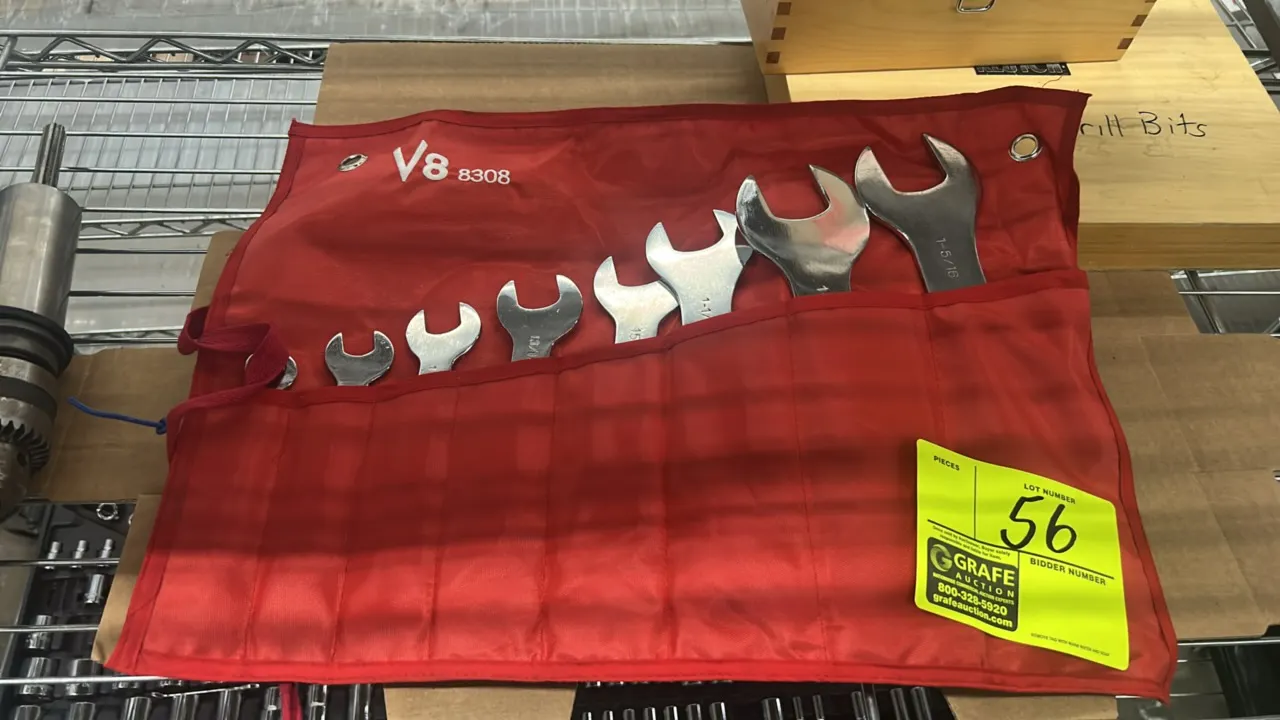 V8 Tools 8308 8-piece SAE super thin wrench set. Features open-end wrenches with a slim profile. Includes red roll-up storage pouch.
