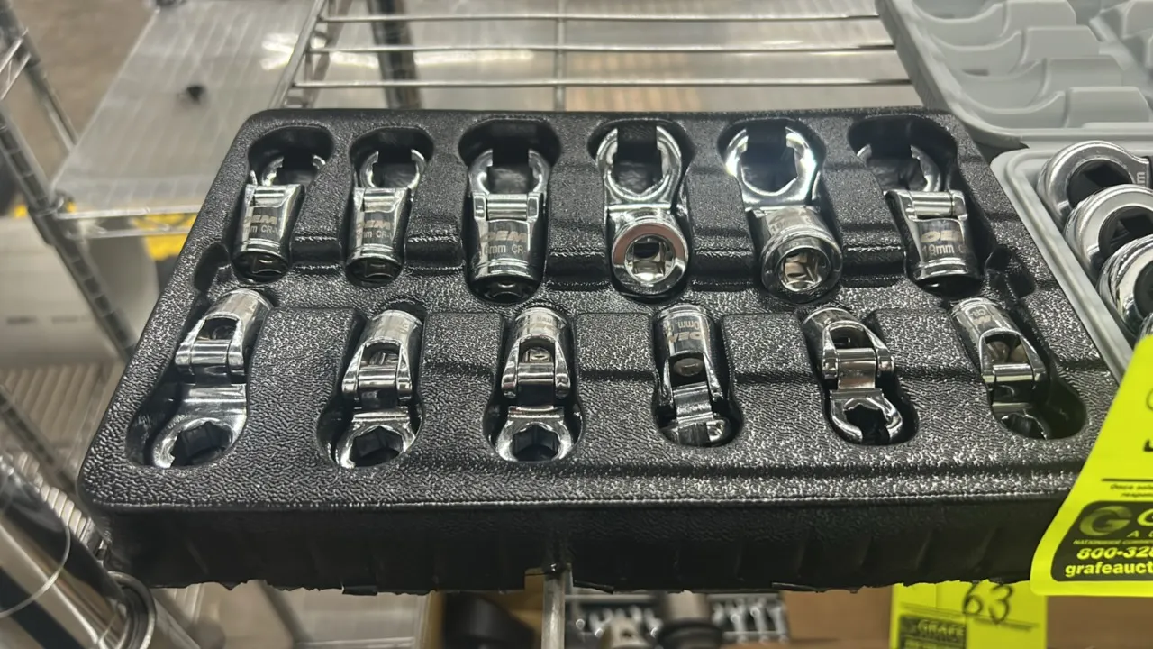 Package lot of specialty wrenches. Includes a 12-piece set of 3/8" drive flexible swiveling crowfoot wrenches with tray, Cal-Van Tools 5-piece tight a