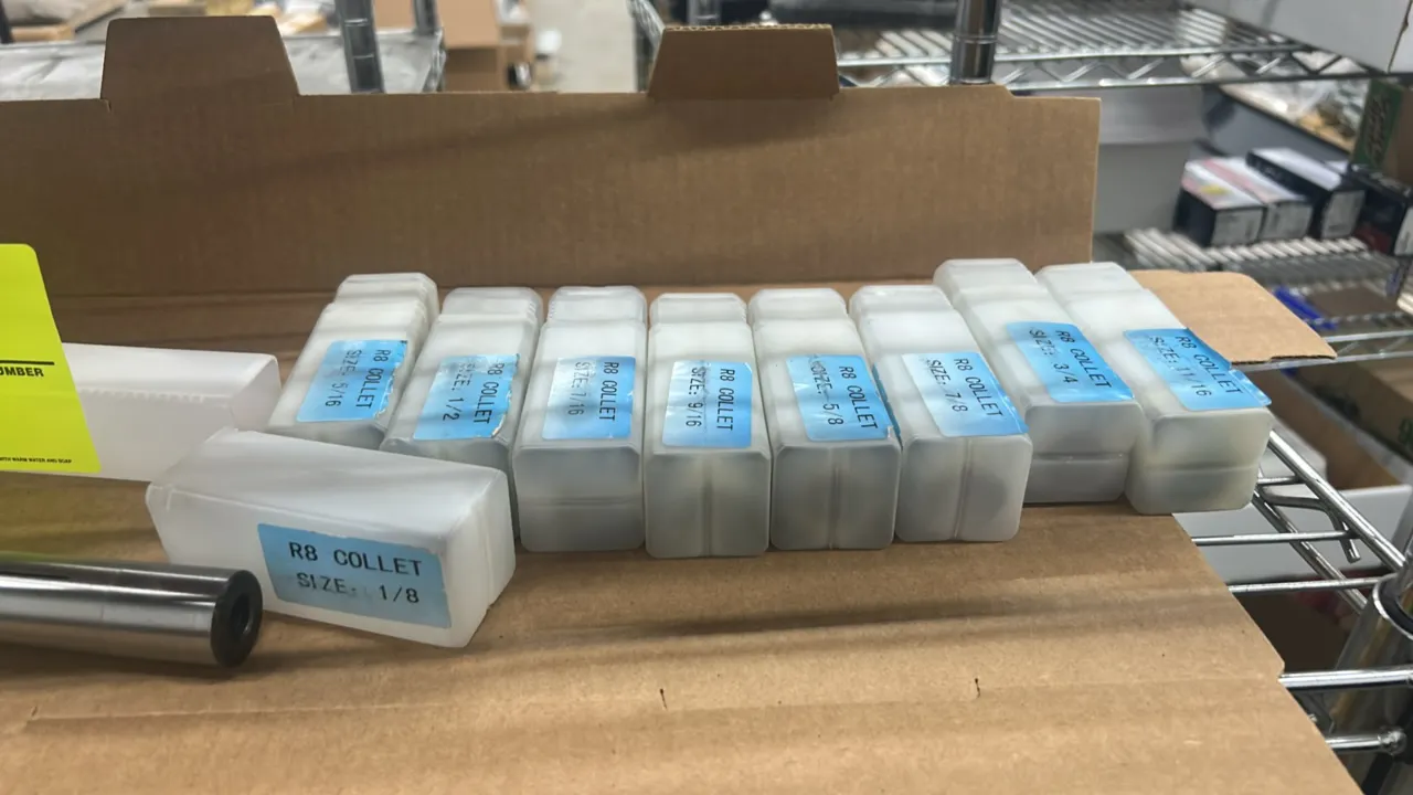 Assorted R8 collets. Includes sizes: 1/8", 5/16", 7/16", 1/2", 9/16", 5/8", 11/16", 3/4", and 7/8". Each housed in a dedicated plastic protective case