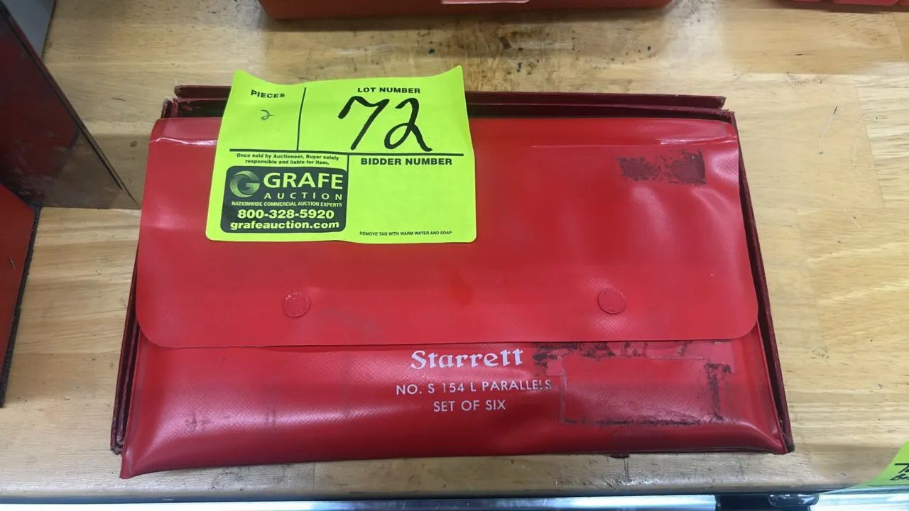 Starrett No. S154L adjustable parallel sets. Each 6-piece set covers thickness ranges from 3/8" to 2-1/4" (9.5 mm to 57.1 mm). Includes fitted red vin