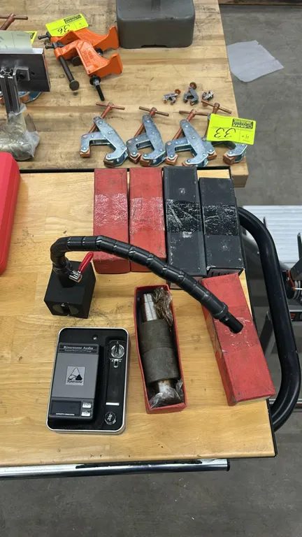 Tooling and audio gauge package lot. Includes Riverstone Audio Precision Record-Level VTF digital turntable stylus force gauge with 20g calibration we