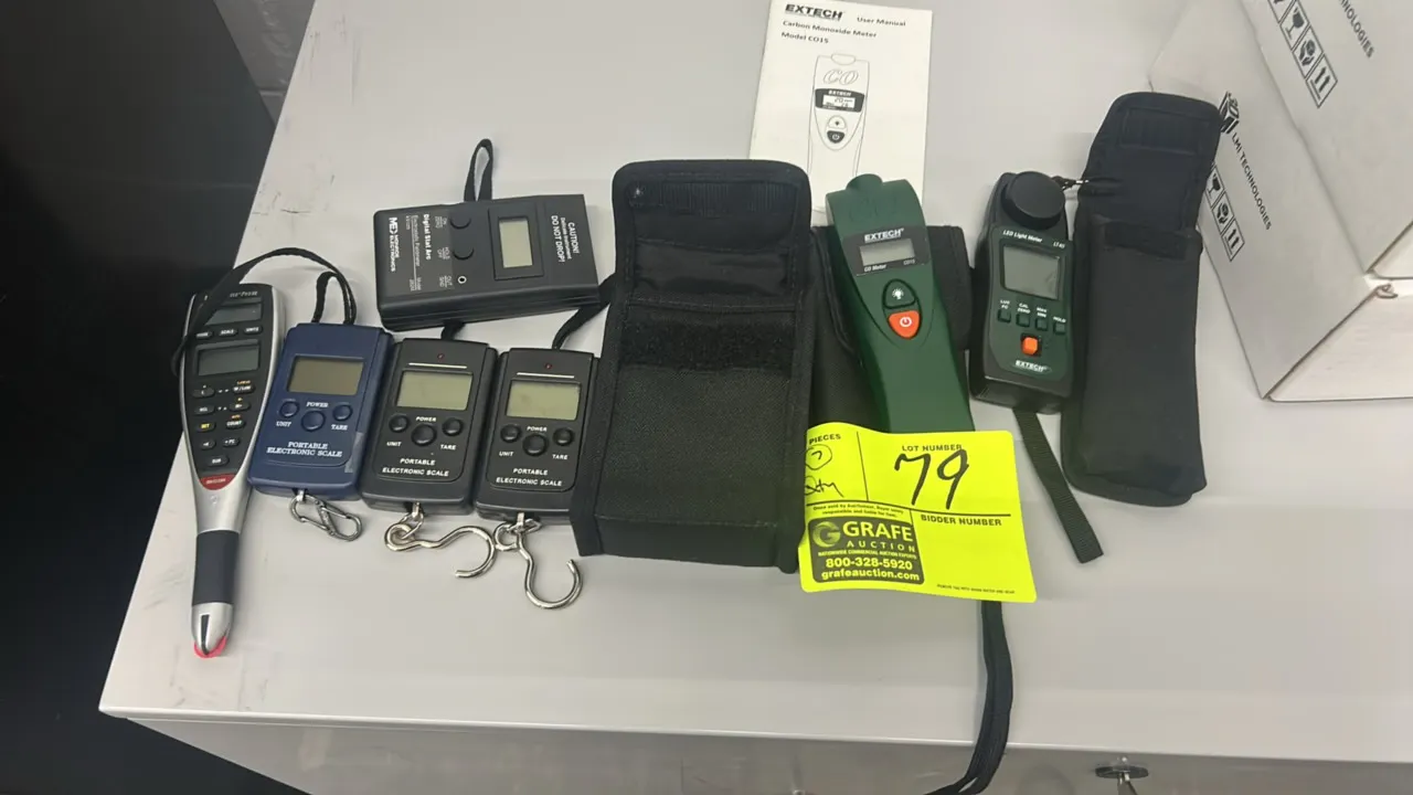 Testing and measurement equipment lot. Includes Extech LT40 LED light meter, Extech CO15 carbon monoxide meter, Monroe Electronics 282M Digital Stat-A