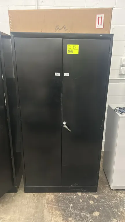 Tennsco metal 2-door locking cabinet. Includes assorted motor cables, miscellaneous cables, LMI Technologies Gocator 3D smart laser line profiler, and