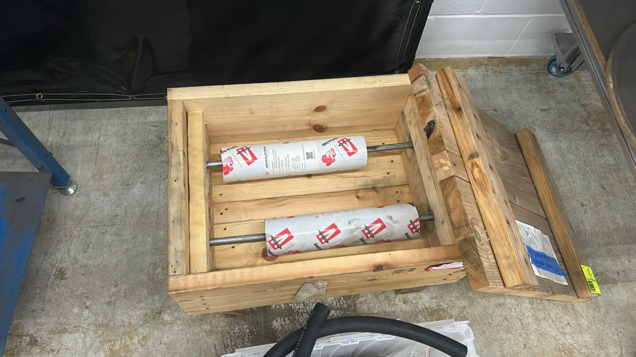 American Roller Company transfuse industrial rollers. Includes (2) coated rollers wrapped in protective packaging and housed in a fitted wooden storag