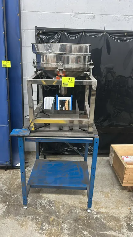 Electric vibrating screen and powder sifter machine. Features stainless steel construction, spring-mounted sieve assembly, discharge chute, and push-b
