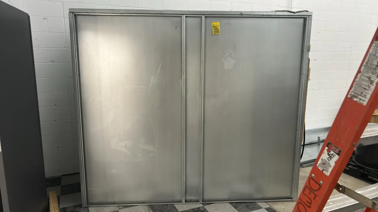 Standard Tools and Equipment Co. metal paint booth. Includes control panel with Dwyer manometers, industrial exhaust fan with motor, fan housing frame