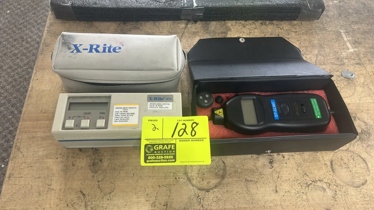 Package lot of testing and measurement instruments. Includes (1) X-Rite 404 color reflection densitometer with soft storage pouch and (1) DT-2236C han