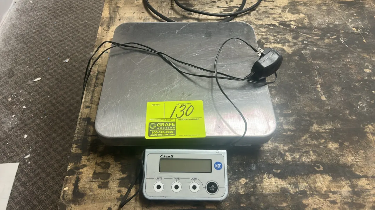 Escali digital receiving platform scale. Features stainless steel weighing platform, remote corded digital display readout, and power adapter.