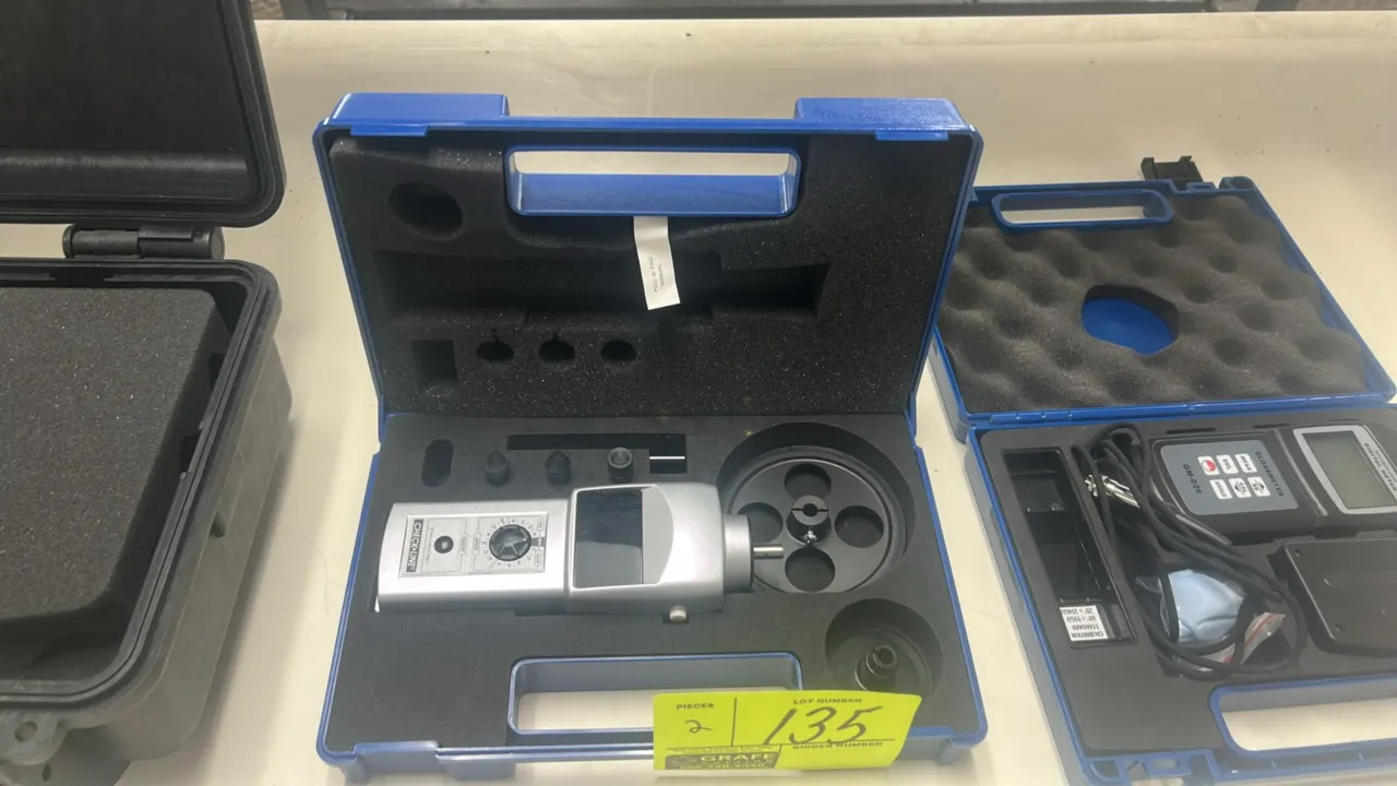 Check-Line handheld digital contact tachometer and GM-026 digital gloss meter lot. Tachometer features die-cast aluminum housing, selector dial, conta